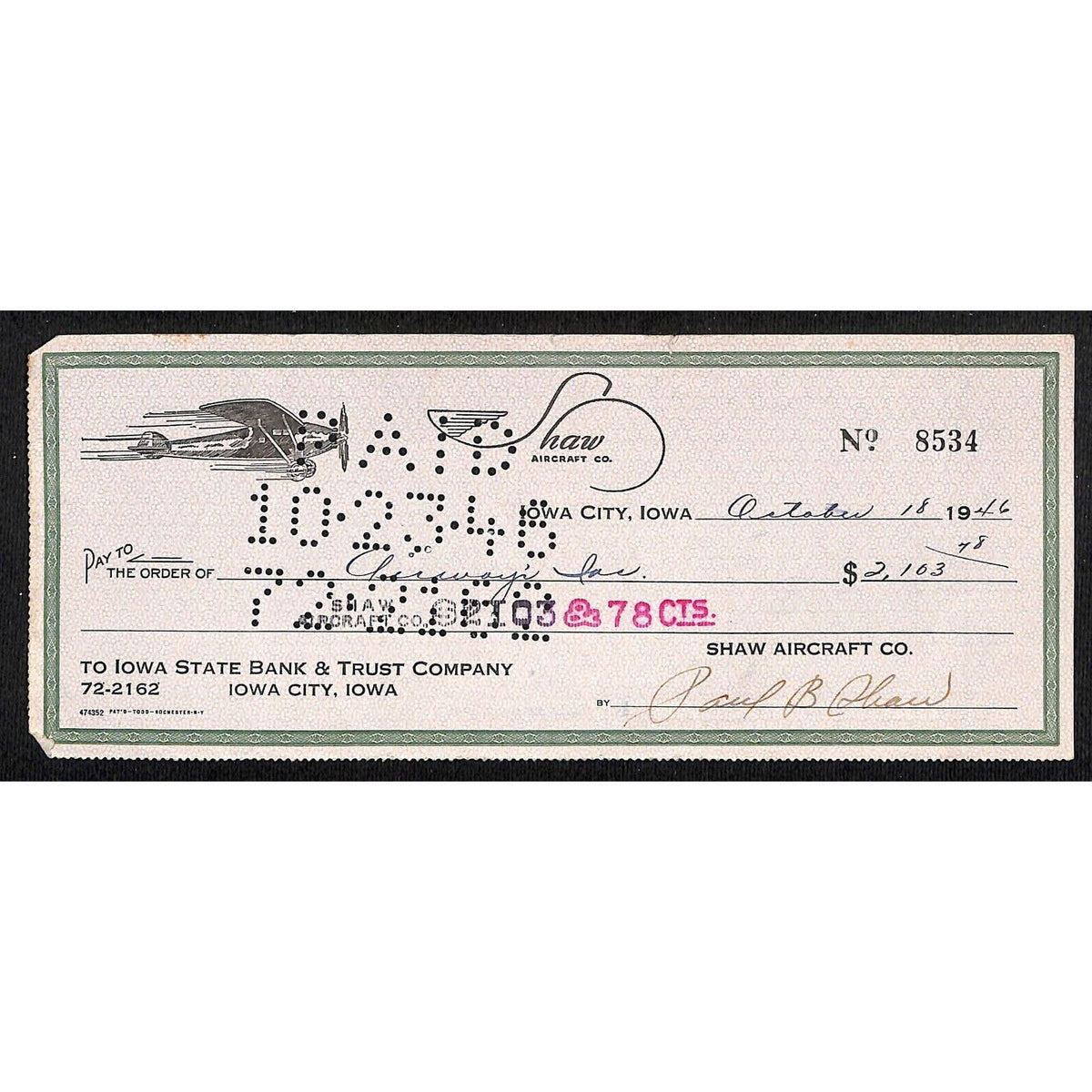 Prop Check Iowa City, IA Shaw Aircraft Co. 1946 Bank Check w/ Flying Prop Plane A ...