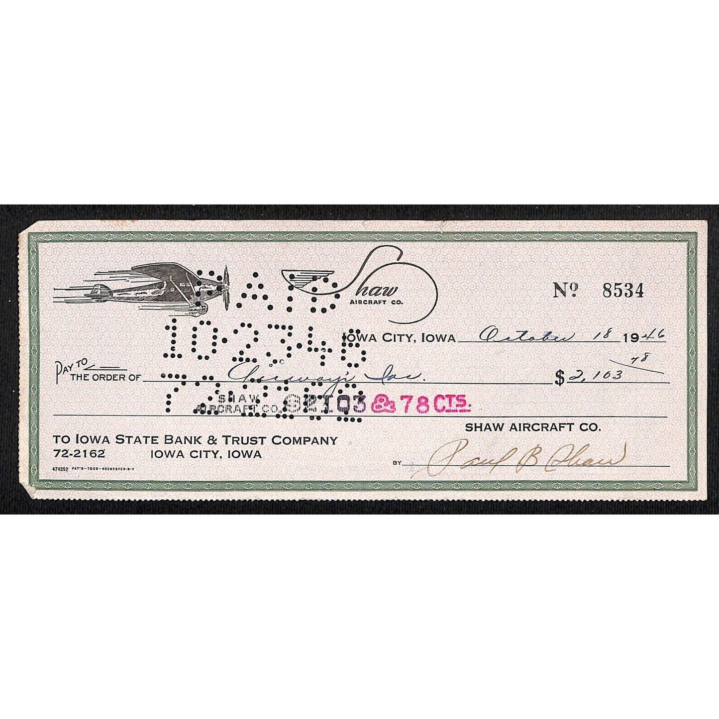 Iowa City, IA Shaw Aircraft Co. 1946 Bank Check w/ Flying Prop Plane Art