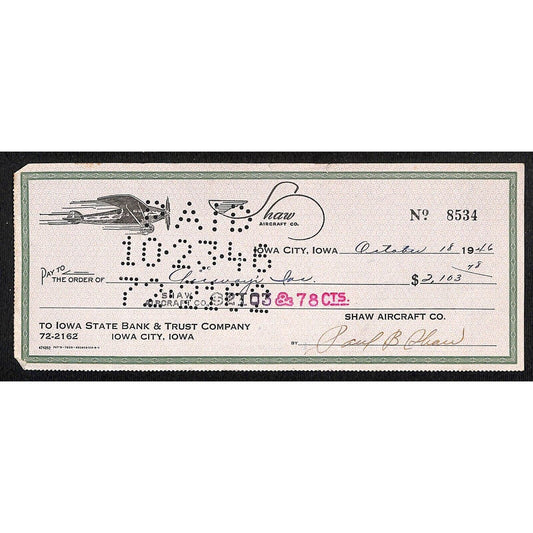Iowa City, IA Shaw Aircraft Co. 1946 Bank Check w/ Flying Prop Plane Art