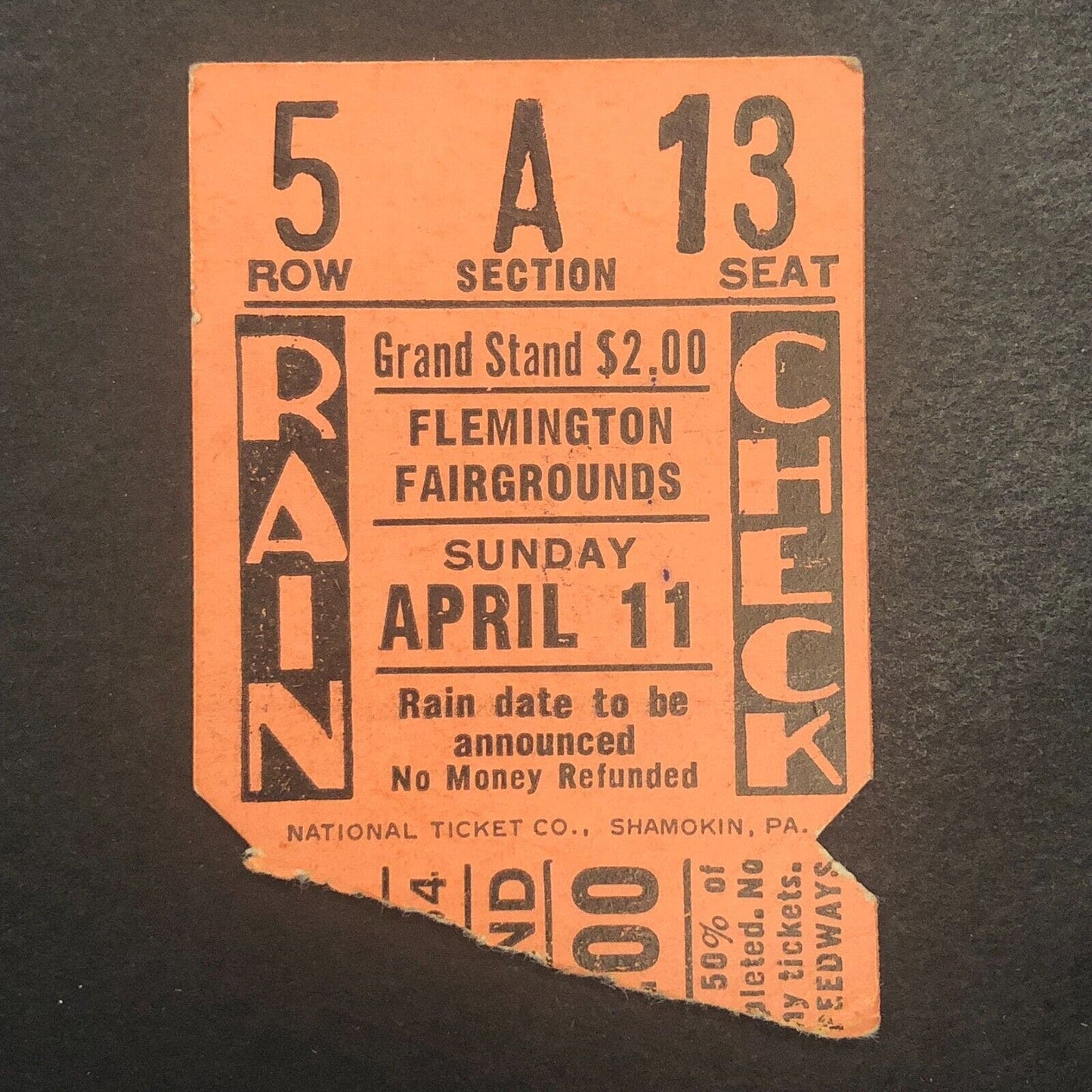 Flemington Speedway Fairgrounds 1954 Auto Racing Rain Check Ticket Stub Scarce