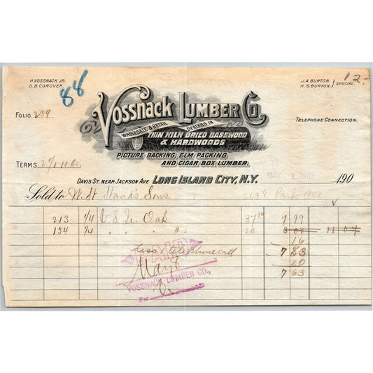 190? Vossnack Lumber Co. Letterhead Long Island City, NY "Cigar Box Lumber"