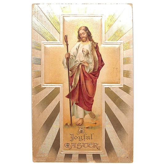 Easter Postcard "A Joyful Easter" Cross w/ Radiant Lines Gilt EMB. PM c1915