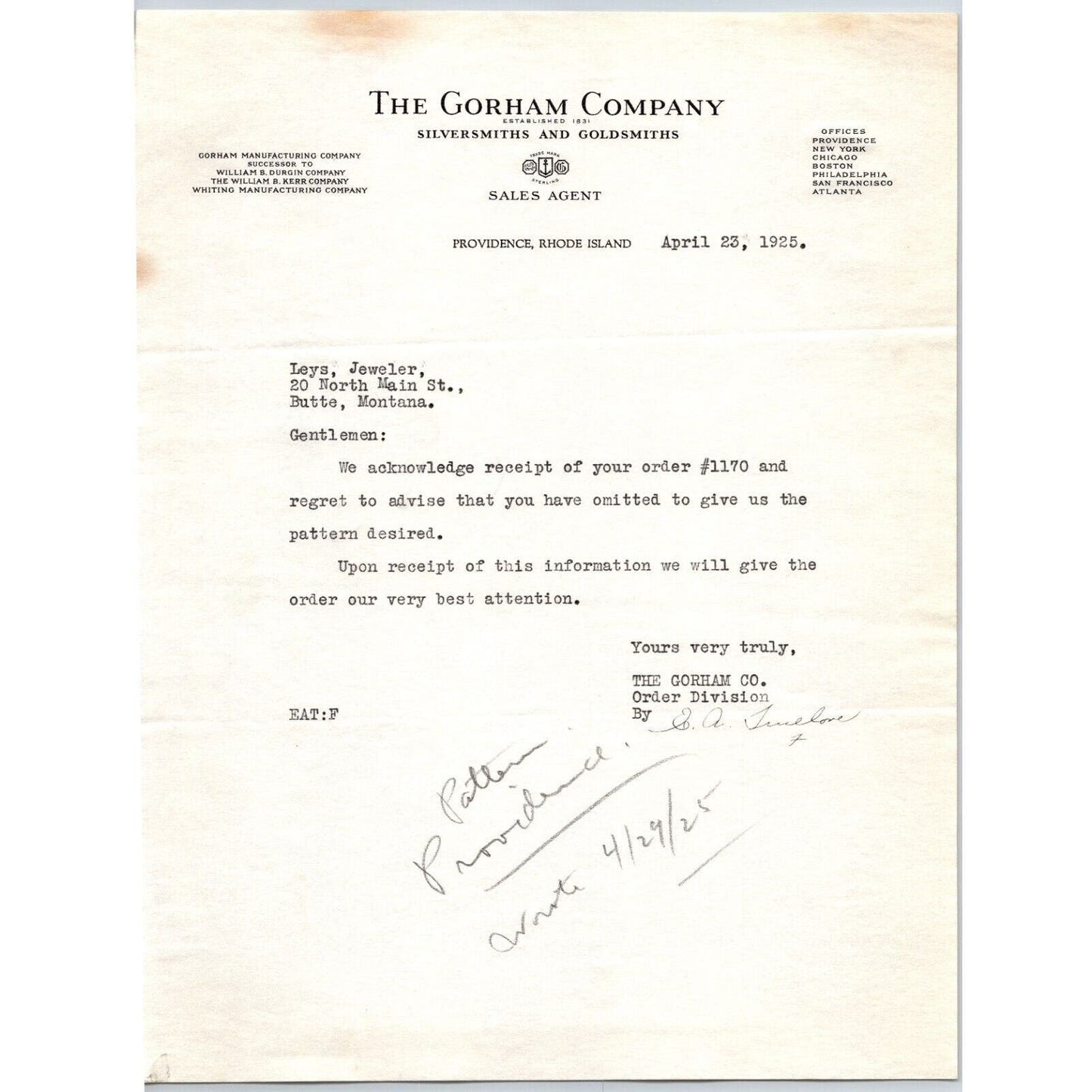 Gorham Company Silversmiths to "Leys" Jewelers Butte, MT 1925 Letterhead