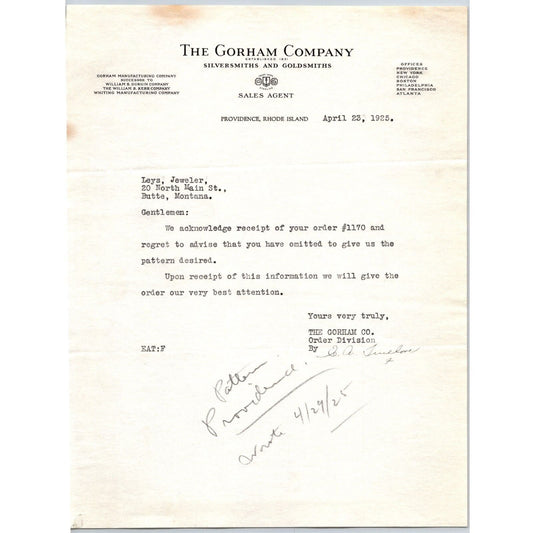 Gorham Company Silversmiths to "Leys" Jewelers Butte, MT 1925 Letterhead
