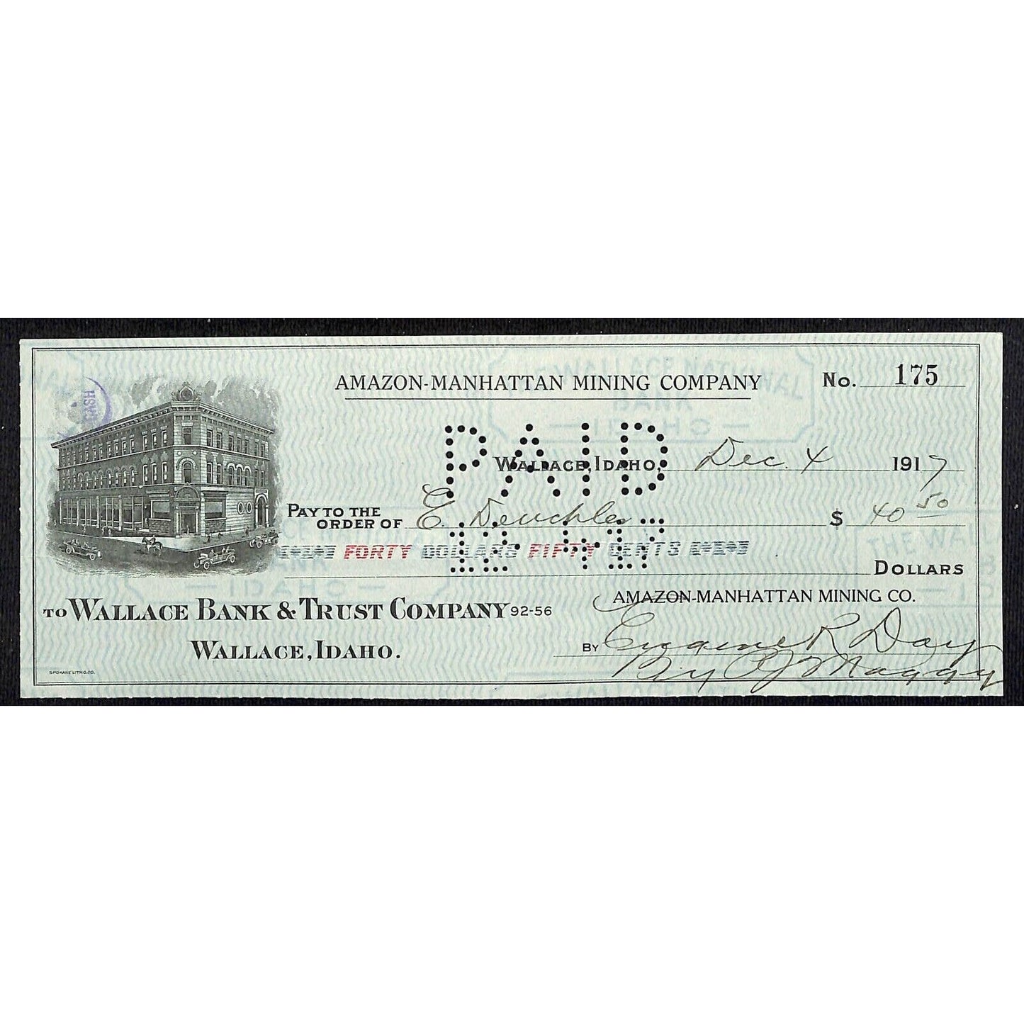 1917 Wallace, Idaho Amazon-Manhattan Mining Co. $40.50 Bank Check w/ Vignette