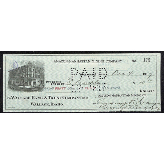 1917 Wallace, Idaho Amazon-Manhattan Mining Co. $40.50 Bank Check w/ Vignette