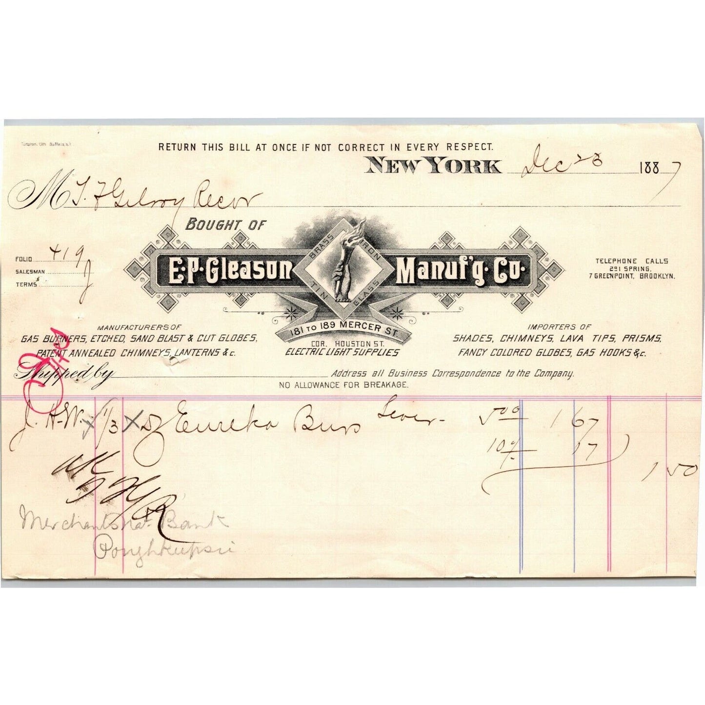 Dec 1887 "E. P. Gleason" Cut Glass Globes Billhead Letterhead Mercer St. NYC