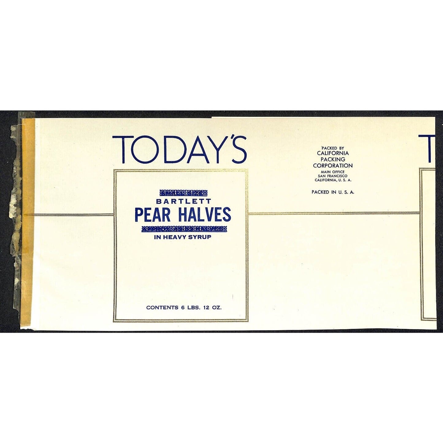 1950 Paper Can Label Today's Bartlett Pear Halves - California Packing w/ Gilt