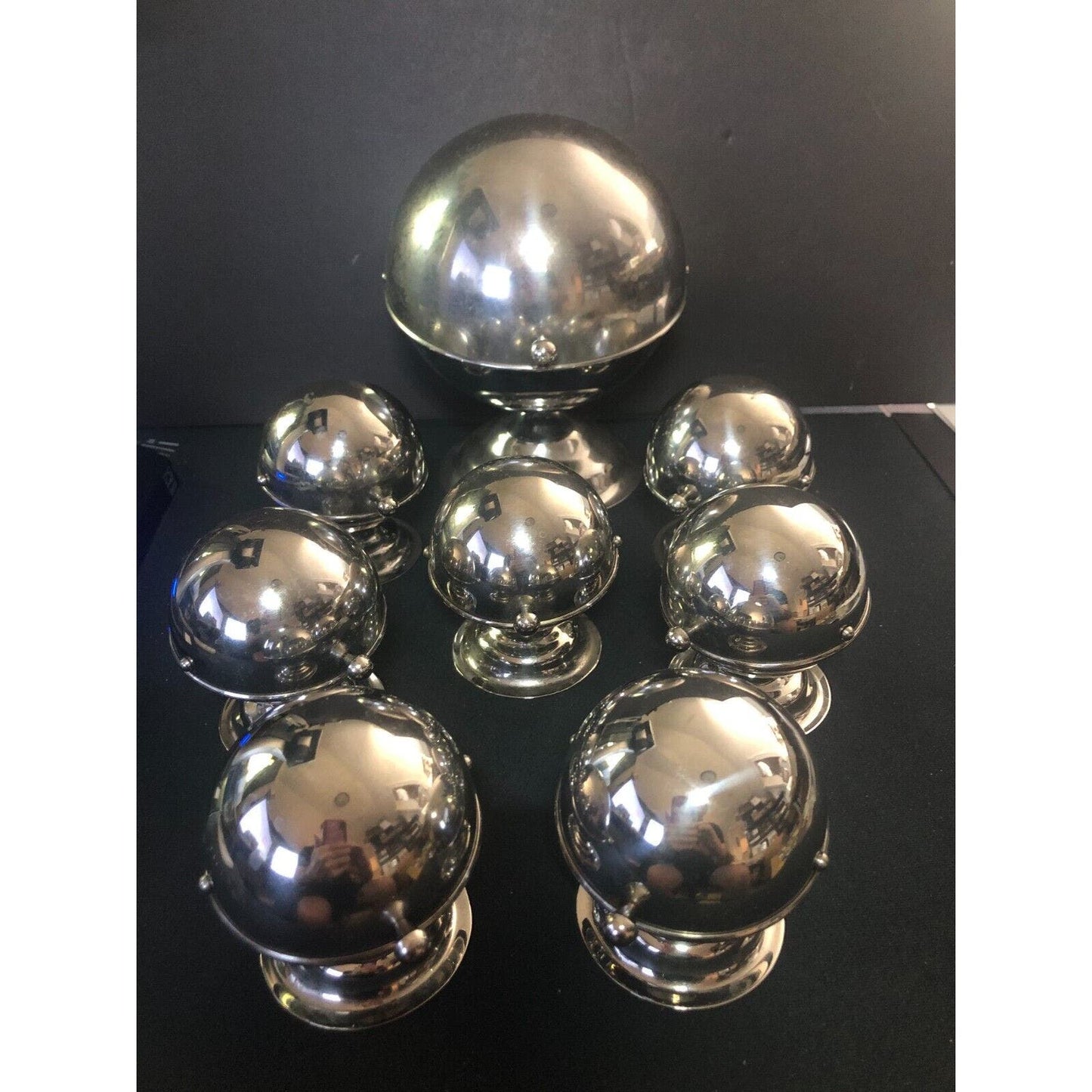 Group of 8 MCM ? Alum. Round Polished Chrome Covered Spice Salt Sugar Containers