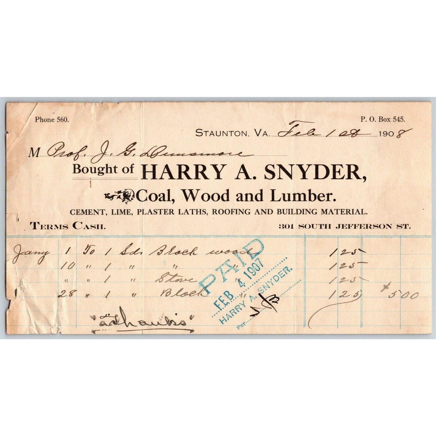 1908 Scarce Harry A. Snyder Coal Wood Lumber Billhead Letterhead Staunton, VA