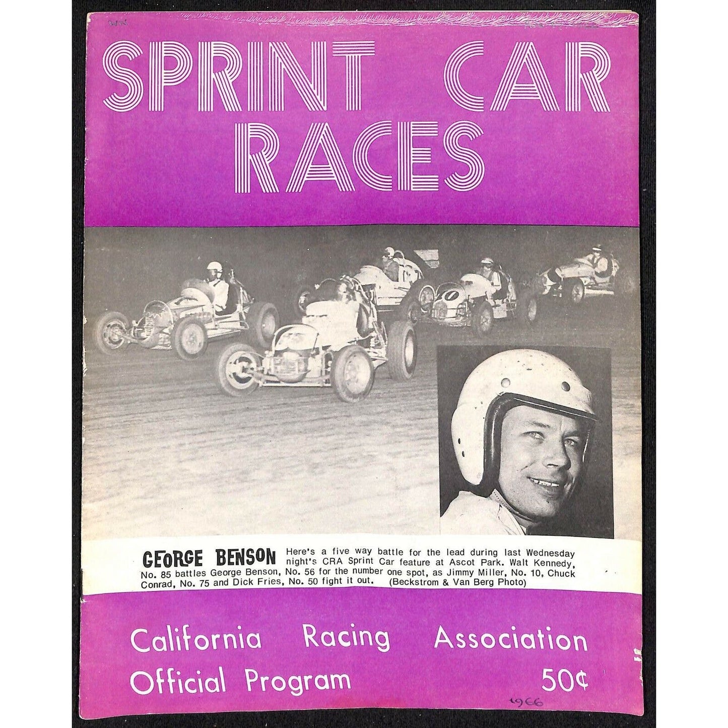 Scarce 1966 Sprint Car Auto Racing CRA Program Ascot Park 16pp.