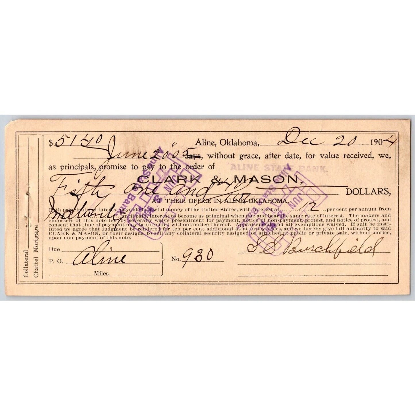 Aline, OK 1904 Territorial Clark & Mason Promissory Note - Scarce