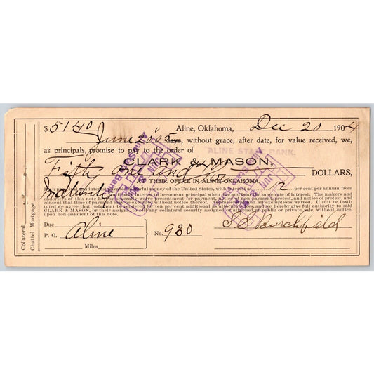 Aline, OK 1904 Territorial Clark & Mason Promissory Note - Scarce