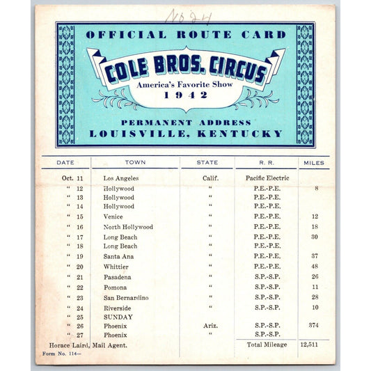 1942 Cole Bros Circus Route California Hollywood Long Beach Phoenix AZ