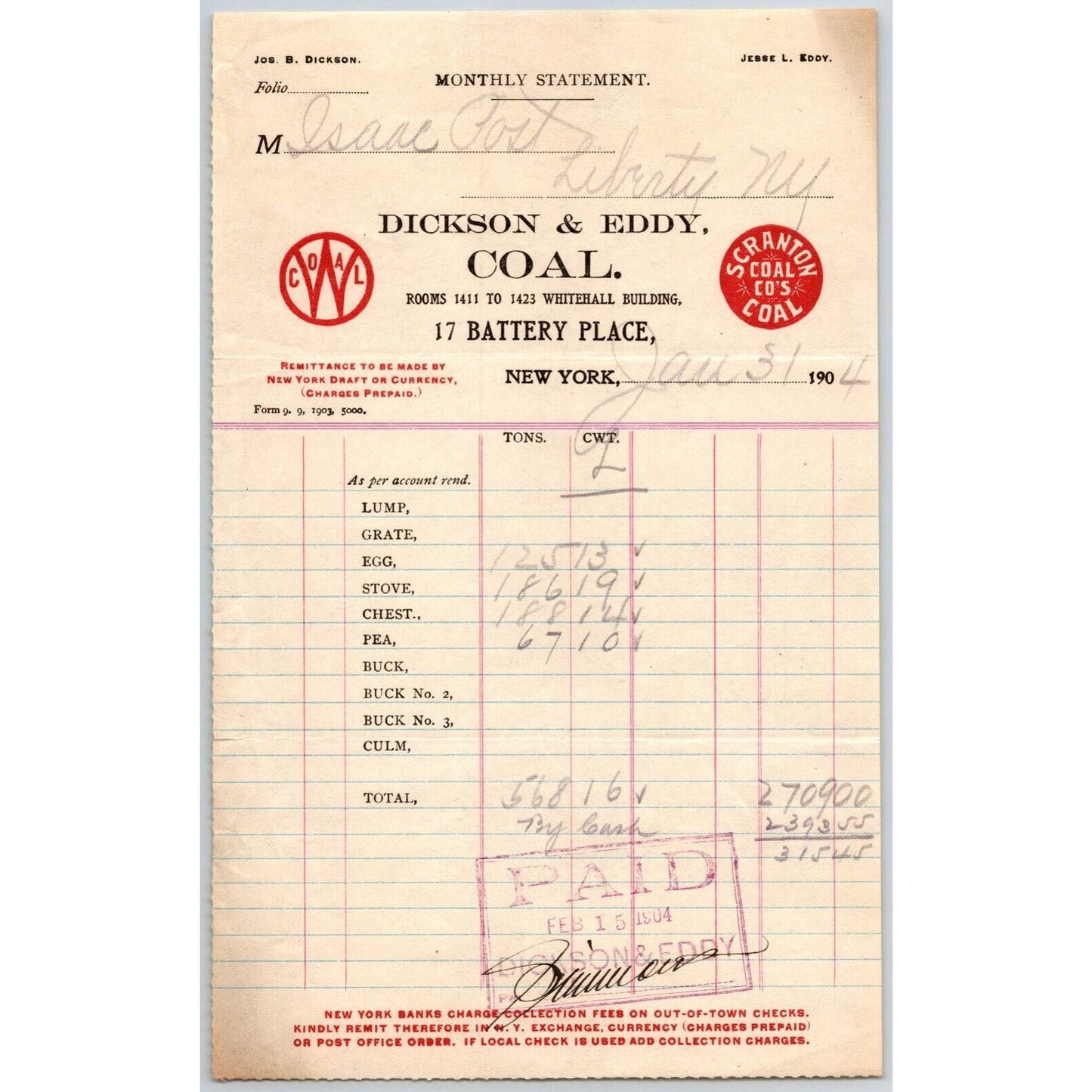 Dickson & Eddy Coal 17 Battery Place, NYC to: Isaac Post Jan. 1904 Billhead