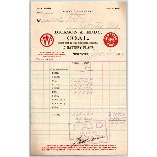 Dickson & Eddy Coal 17 Battery Place, NYC to: Isaac Post Jan. 1904 Billhead
