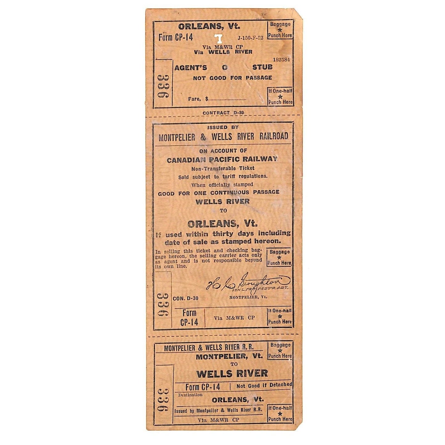 Montpelier & Wells River Railroad Ticket Orleans, VT #336