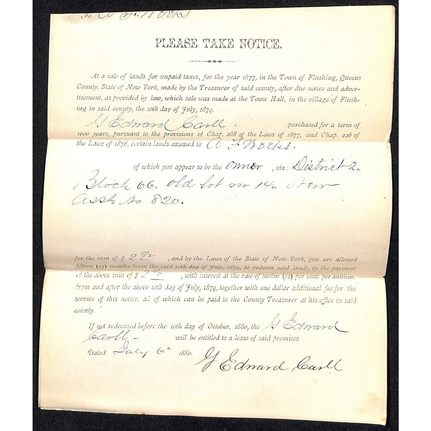 1877 Flushing Queens Unpaid Tax Real Estate Sale - 2pp Legal Document Letterhead