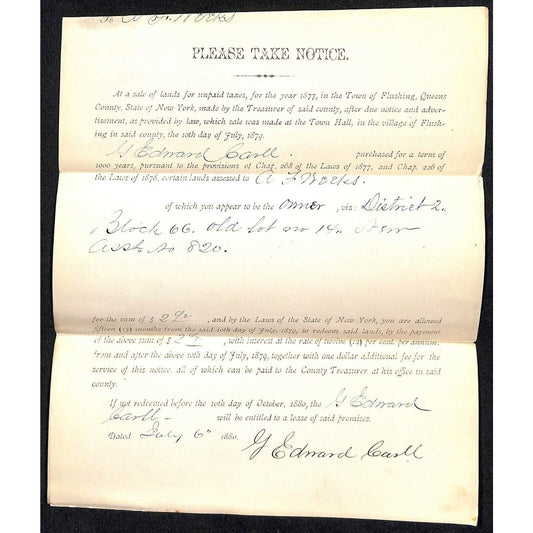 1877 Flushing Queens Unpaid Tax Real Estate Sale - 2pp Legal Document Letterhead