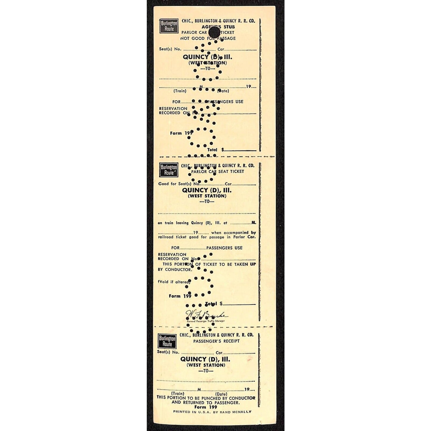 Burlington Route Quincy to Unused VOID SAMPLE UNNUMBERED Ticket 1966