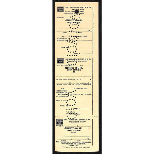 Burlington Route Quincy to Unused VOID SAMPLE UNNUMBERED Ticket 1966