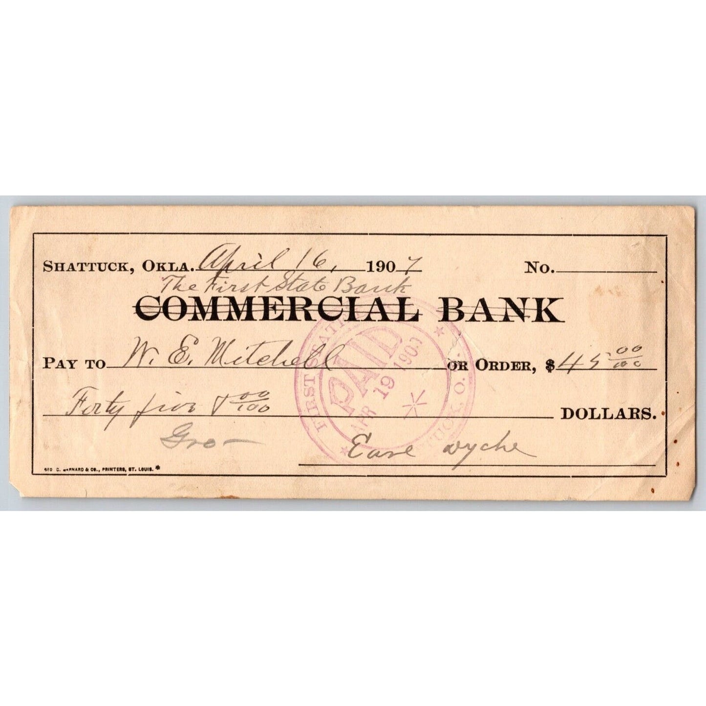 Shattuck, Oklahoma Territory 1907 Bank Check "Commercial / First State Bank"