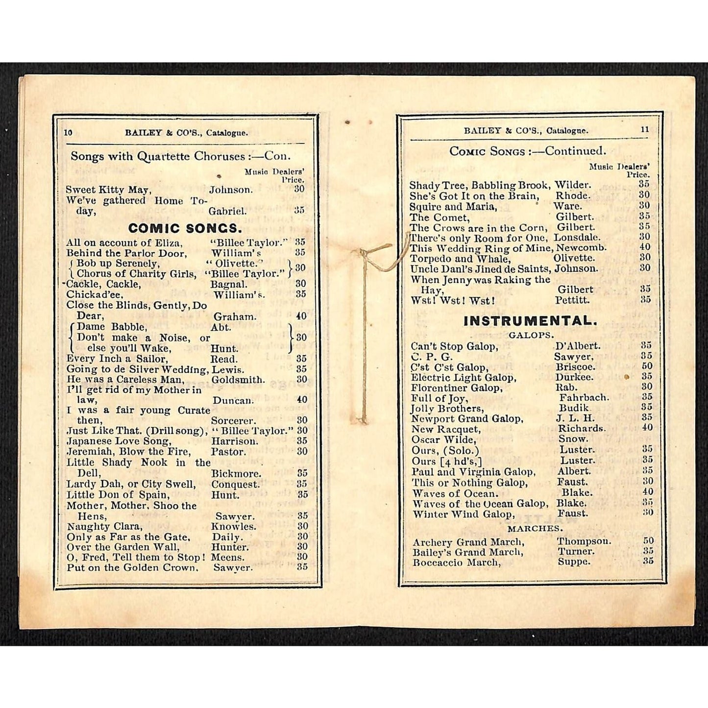 Bailey & Co's. Boston "Select Catalogue of Music" 19pp c1885 E.A. Bryant Printer