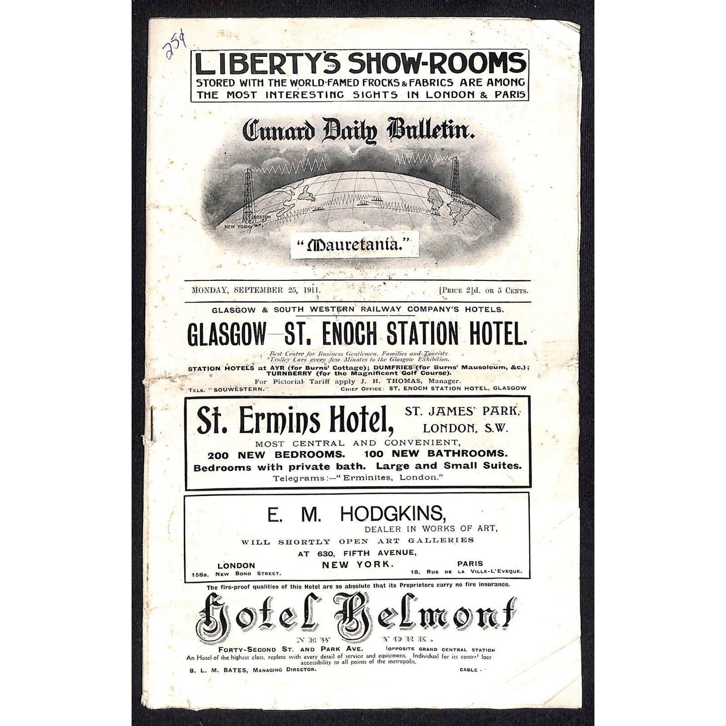 Cunard Daily Bulletin 1911 pp2-32 Present- and Missing Cover and pp15-18 Scarce