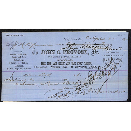 1882 3 Long Island City, NY Letterheads John C. Provost Coal Long Beach Improvme