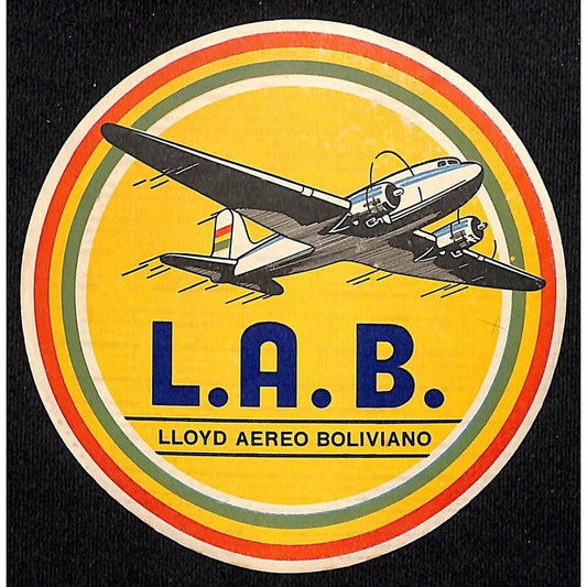 Lloyd Aereo Boliviano L.A.B. (Bolivia) Airline Luggage Label 4 1/4" dia.