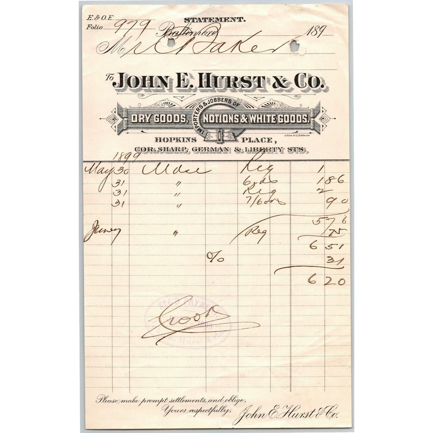 1899 Letterhead Billhead John E. Hurst Dry Goods Baltimore - Ephraim Baker*