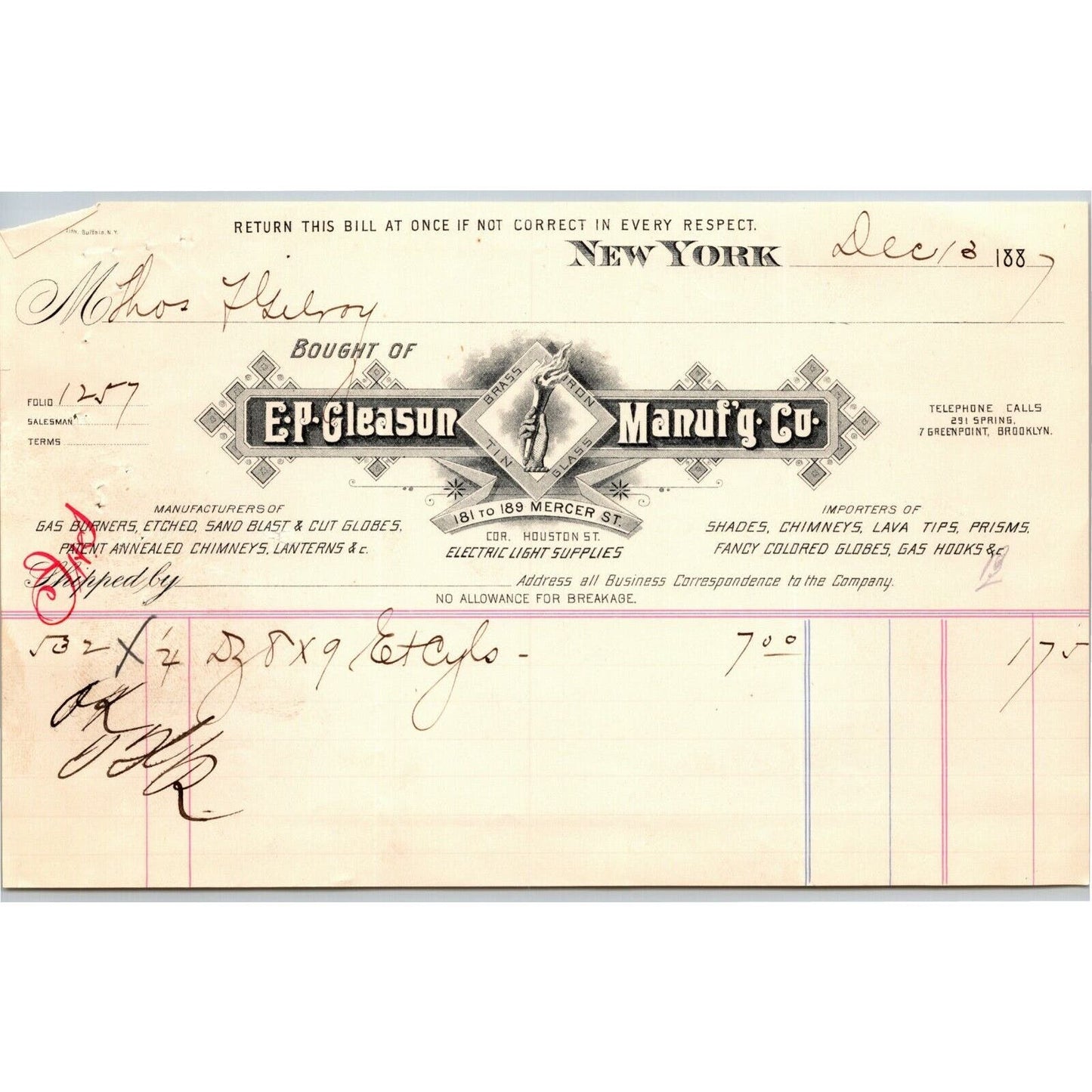 Dec 1887 "E. P. Gleason" Cut Glass Globes Billhead Letterhead Mercer St., NYC