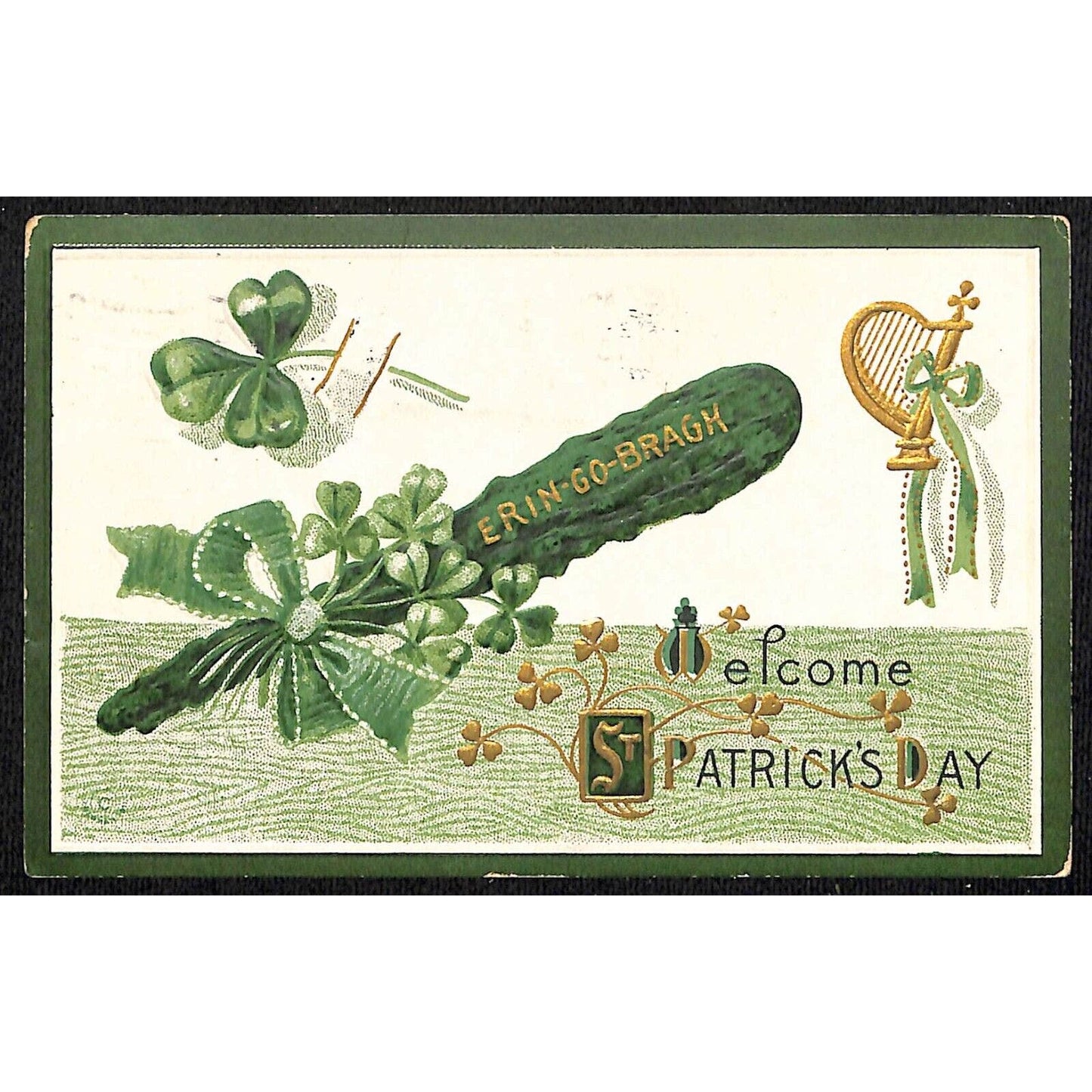 St. Patrick's Day Postcard Shillelagh Harp Clovers Gilt Embossed - PM c1913