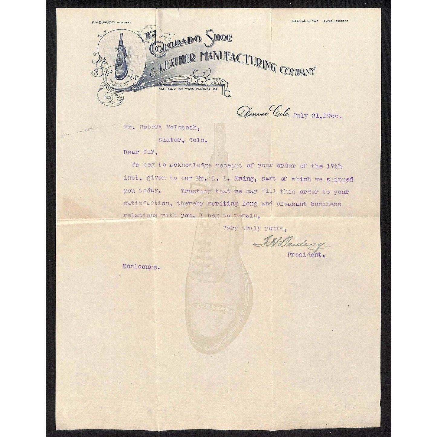 Denver, CO Colorado Shoe Leather Manufacturing Co. 1900 Letterhead Scarce