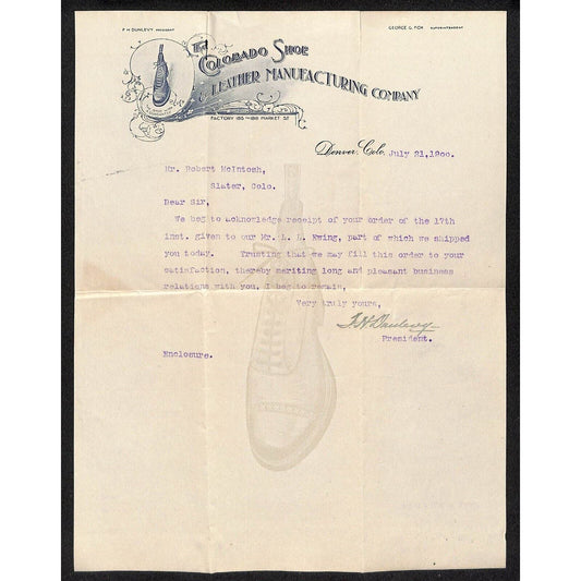 Denver, CO Colorado Shoe Leather Manufacturing Co. 1900 Letterhead Scarce