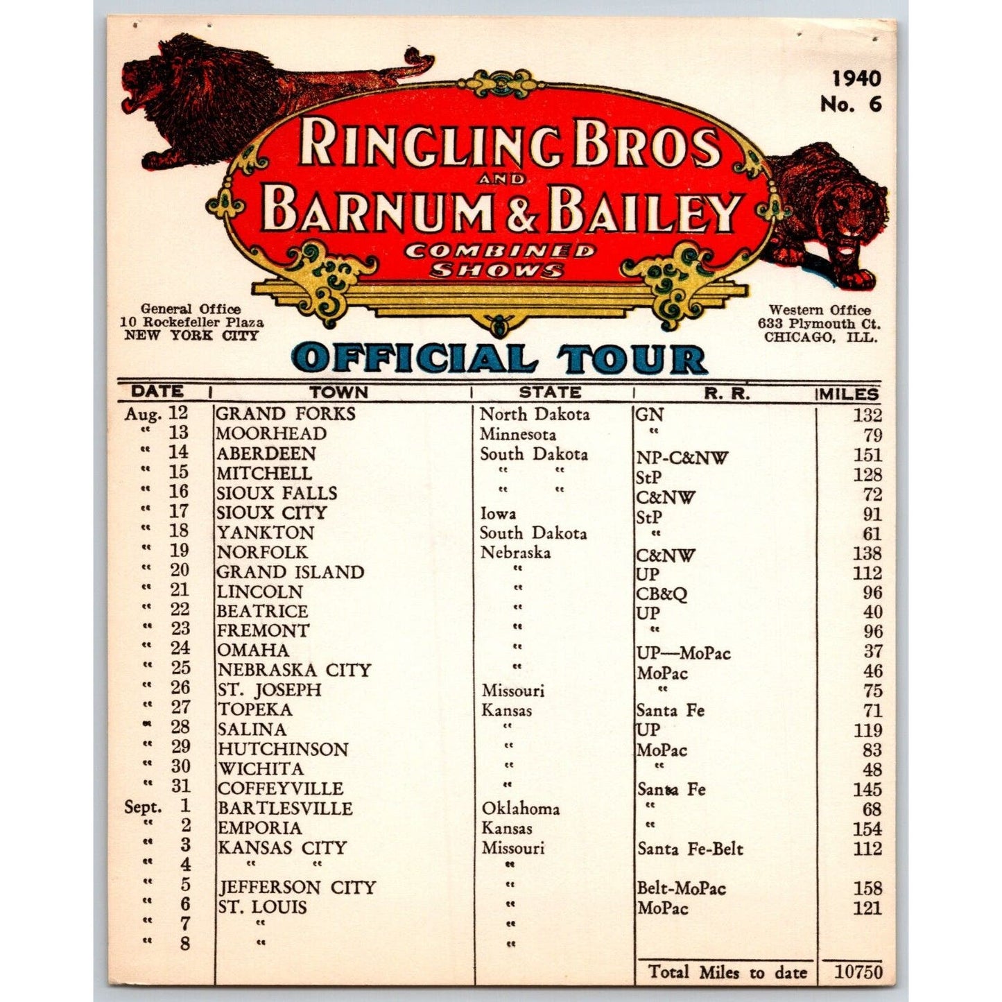 1940 Ringling Bros Barnum & Bailey Circus Route Card Grand Forks Sioux Falls