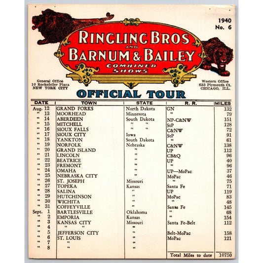 1940 Ringling Bros Barnum & Bailey Circus Route Card Grand Forks Sioux Falls