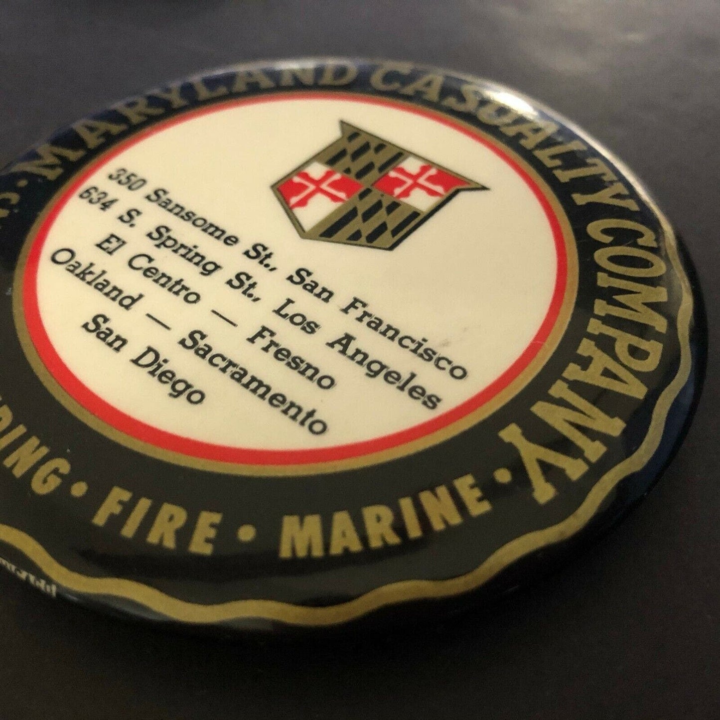 Maryland Casualty Co. (Insurance) Advertising Mirror / Paperweight Calif. 3 1/4"