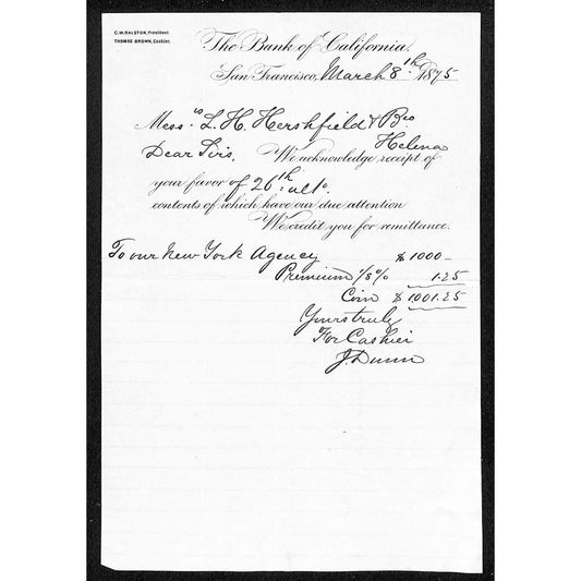 1875 "Bank of California" San Francisco Letterhead L.H. Hershfield - Helena, MT