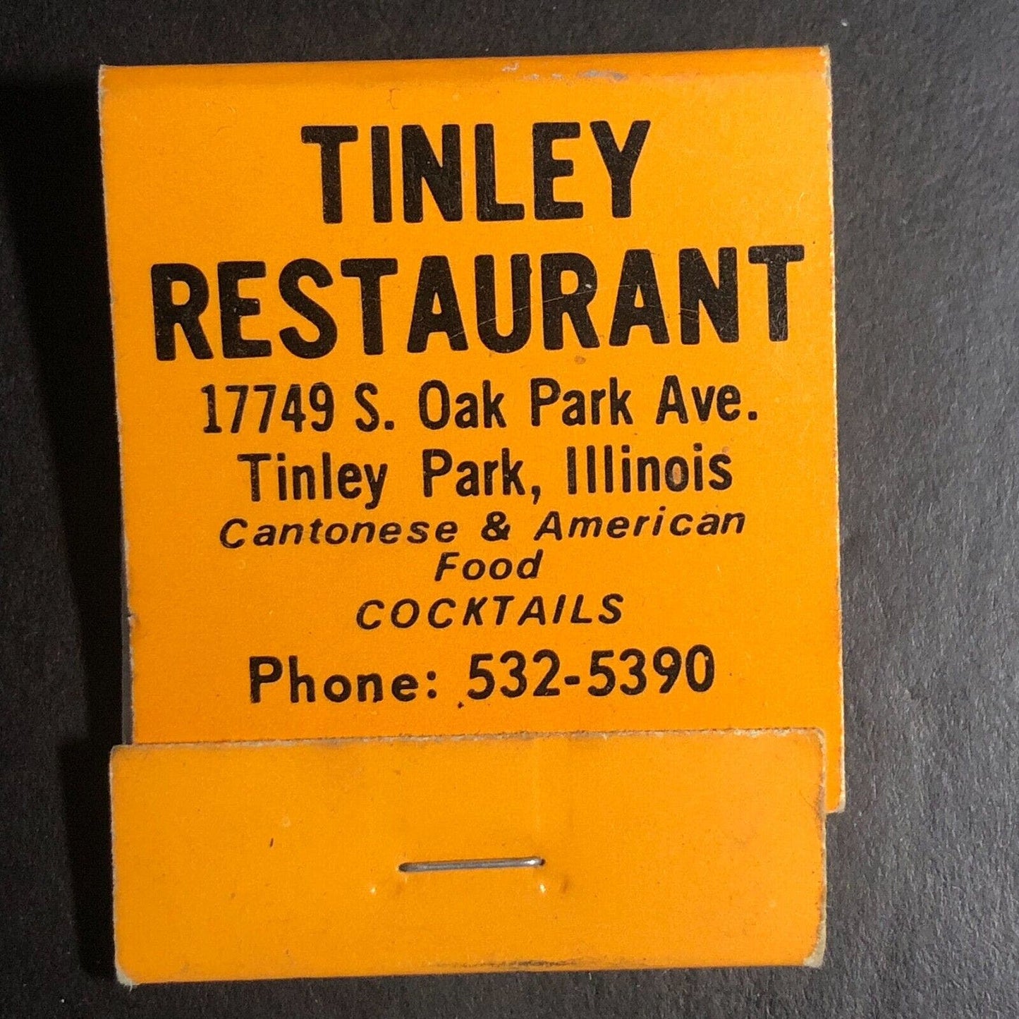 Tinley Restaurant Tinley Park, IL "Chinese Dishes" Matchbook c1974-84