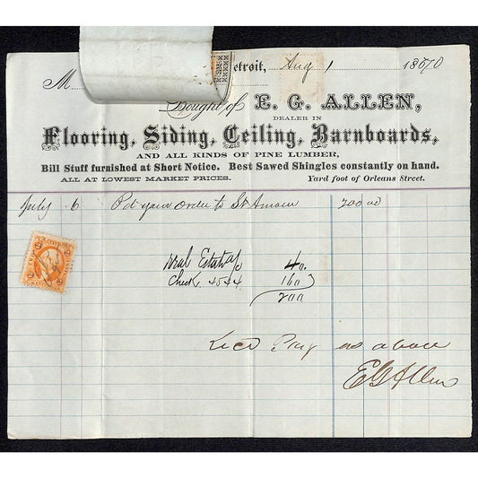 Detroit Letterhead E.G. Allen Flooring Siding Barnboards 1870 w/ 2 Rev Stamps