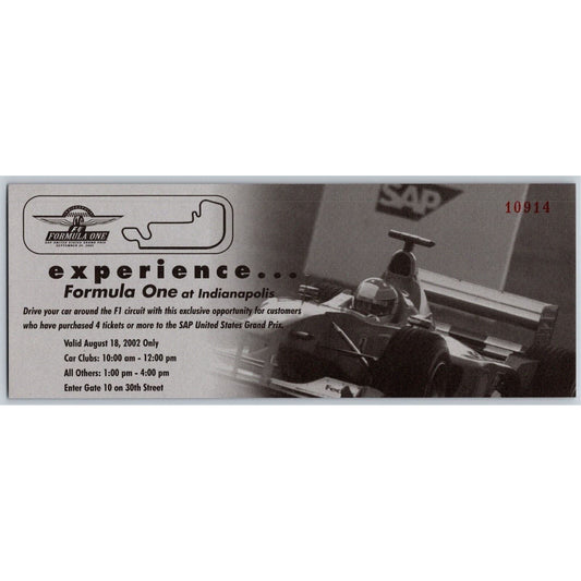 2002 Indianapolis Formula One Driving Experience Driver Condition Form Card VGC
