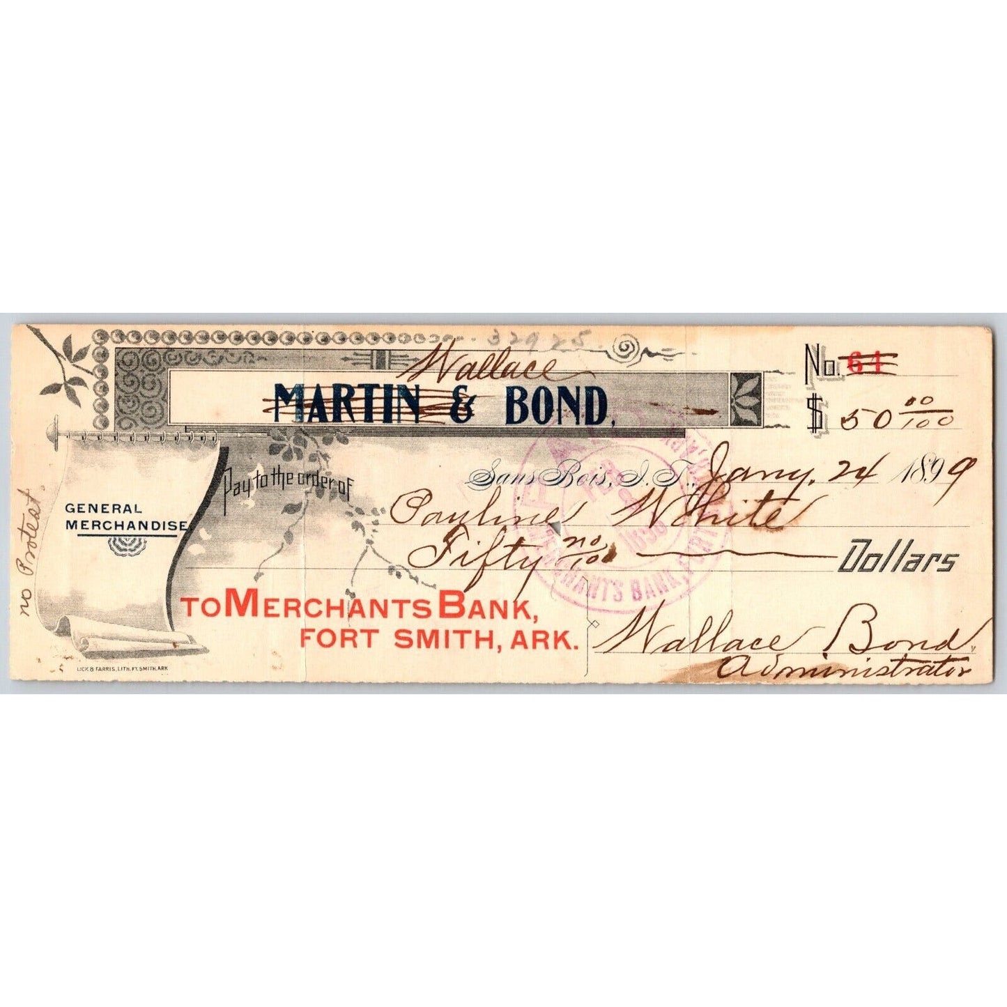 Sans Bois Indian Territory Oklahoma 1899 Bank Check - 5 Signatures