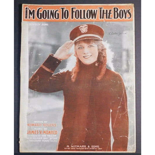 WWI Sheet Music - "I'm Going To Follow The Boys" Real Photo - Girl Saluting