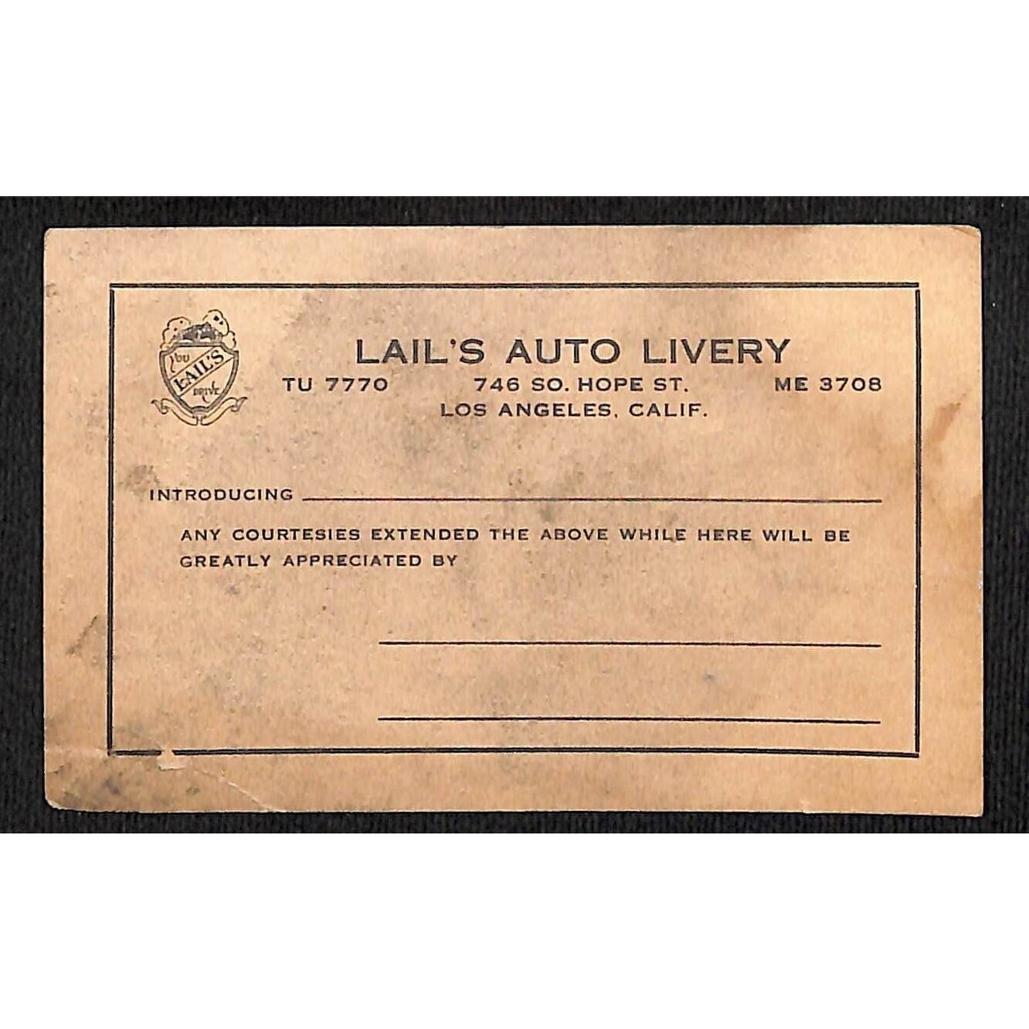 Lail's Auto Livery Hope St. LA Introduction Business Trade Card c1928 - Scarce