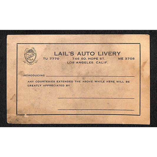 Lail's Auto Livery Hope St. LA Introduction Business Trade Card c1928 - Scarce
