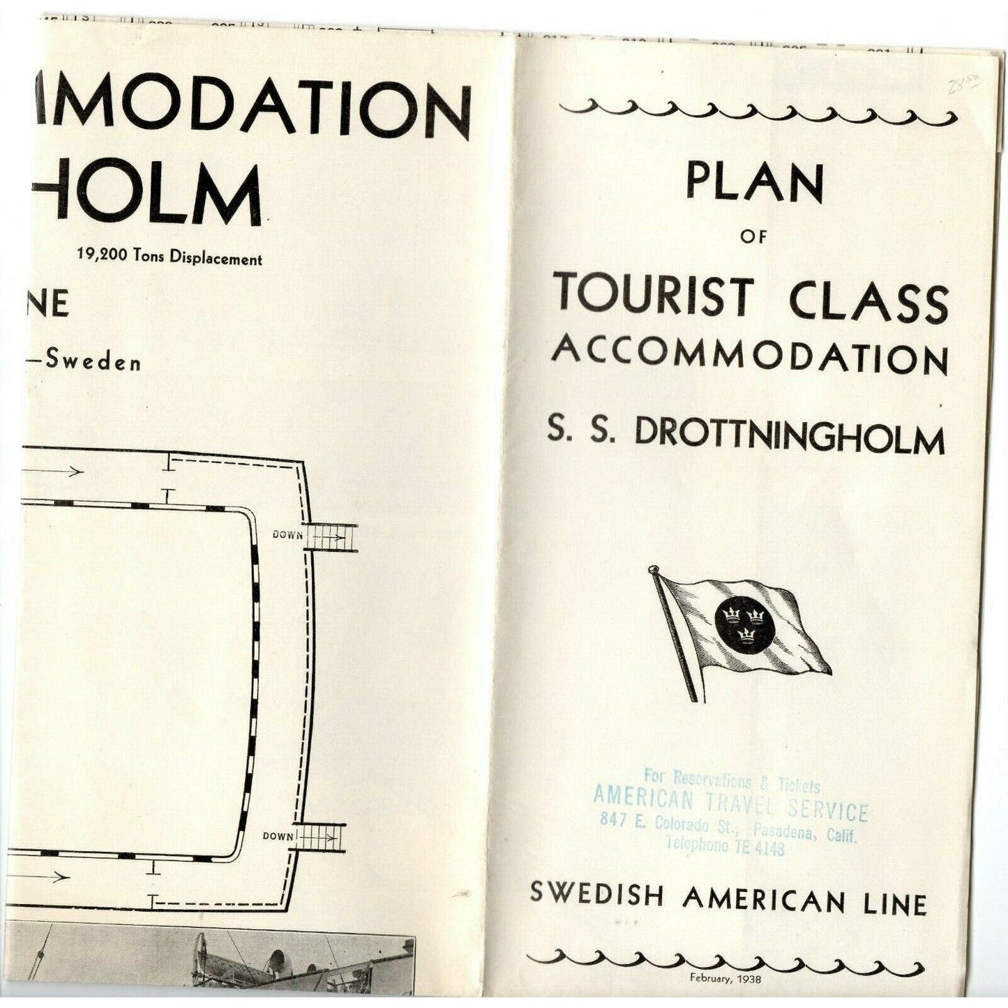 1938 Swedish American Line Drottningholm Tourist Cl Deck Plan Single Sheet - VGC