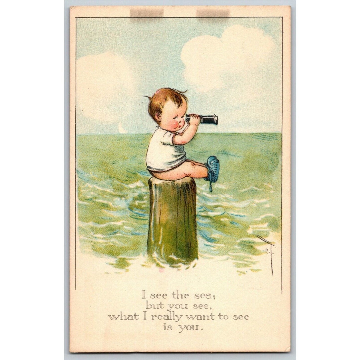 Vintage Postcard c1915 Infant Sitting on Pier Piling Looking Through Telescope