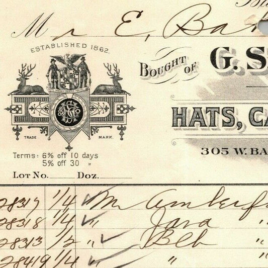 1898 Letterhead Billhead G.S. Howser & Co. Straw Goods Baltimore Ephraim Baker*