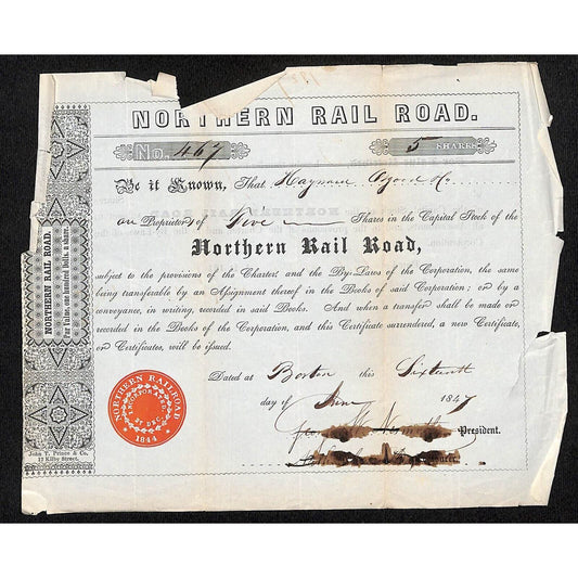 1847 Boston MA Northern Railroad Stock Certificate No. 467 for 5 Shares